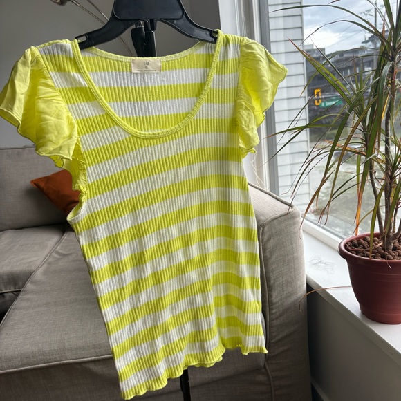Anthropologie, T.La Yellow Stripe Flutter Sleeve Rib Knit Top Size Large - Picture 3 of 11